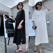 Summer new short sleeves dress casual ladies dress pure cotton long dress lady loose black white round collar A character dress
