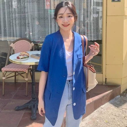 Mua sắm Hàn Quốc Dongdaemun Women 2020 Mùa hè Mới màu xanh thẳng nửa tay áo Blazer dài giữa - Business Suit