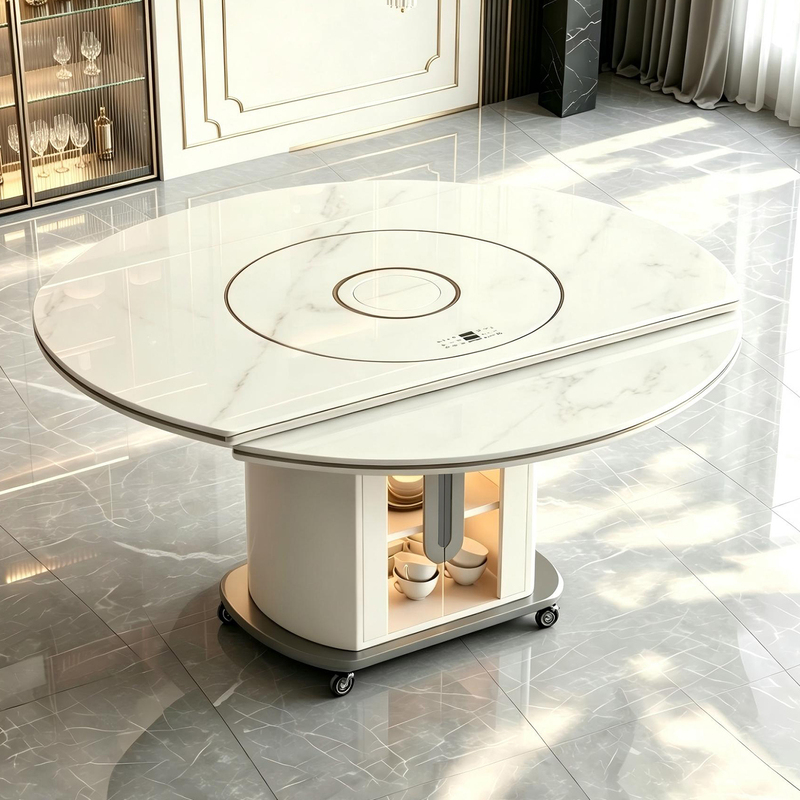 Mobile Slate Dining Table with Wheels, Extendable, Suitable for Small Apartments, Foldable, Modern and Simple, with Built-In Turntable and Induction Cooker