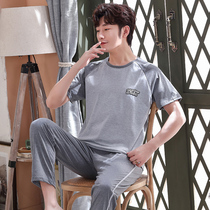 Spring Summer Cotton Pajamas Mens Summer Short Sleeve Pants Cotton Teen Size Thin Home Clothes Summer Set