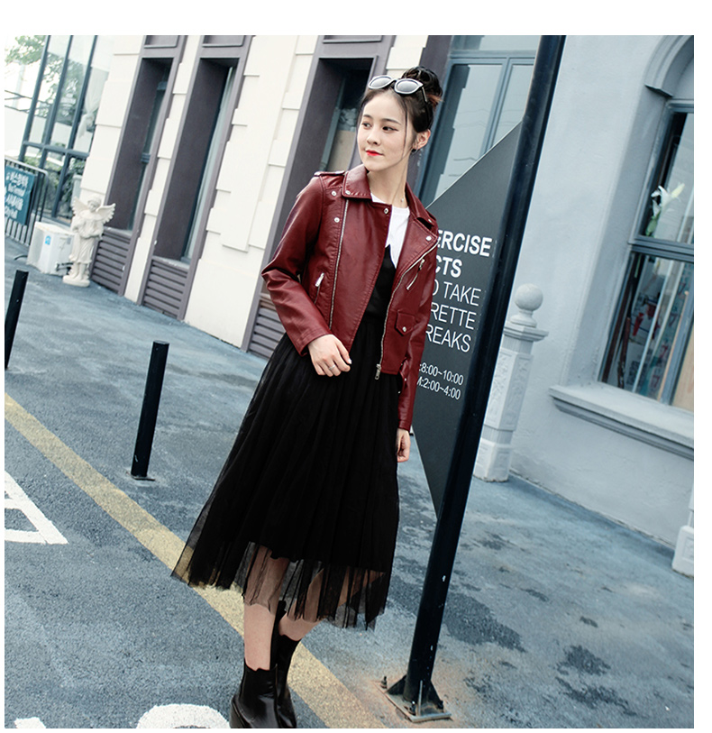Xuân mới 2018 phiên bản Hàn Quốc của chiếc áo khoác da tự giặt áo khoác xe máy PU ngắn phần nữ màu da nhỏ áo da xịn nhập khẩu