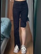 Black Open Fork Jeans Fall New Big Code Womens Pears Shape Long Pants Slim Fit Slim Horn Pants