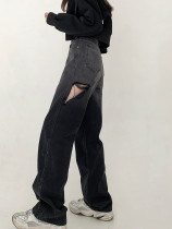 Black Gradient Breaking Hole Jeans Spring Summer Big Code Womens Fashion Personality Fat Sister High Waist Display Slim Fit Slim Fit Pants