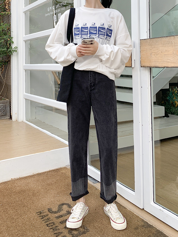 2021 fat mm spring new fashion gradient gray jeans women's large size slim straight nine-point pants student trend