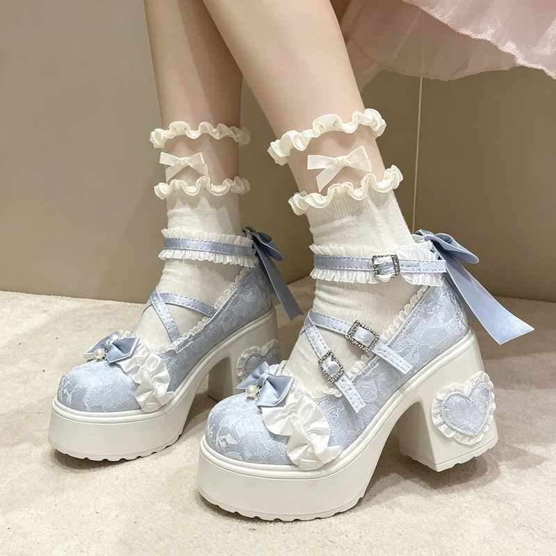 Shimengyu Lace Bow Original Lolita High Heels Women's Chunky Heel Lo Shoes Cute Lolita Princess Single Shoes