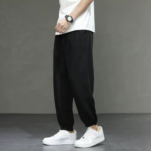 Мужские летние шелковые штаны, тонкие универсальные быстросохнущие дышащие повседневные брюки, свободный прямой крой