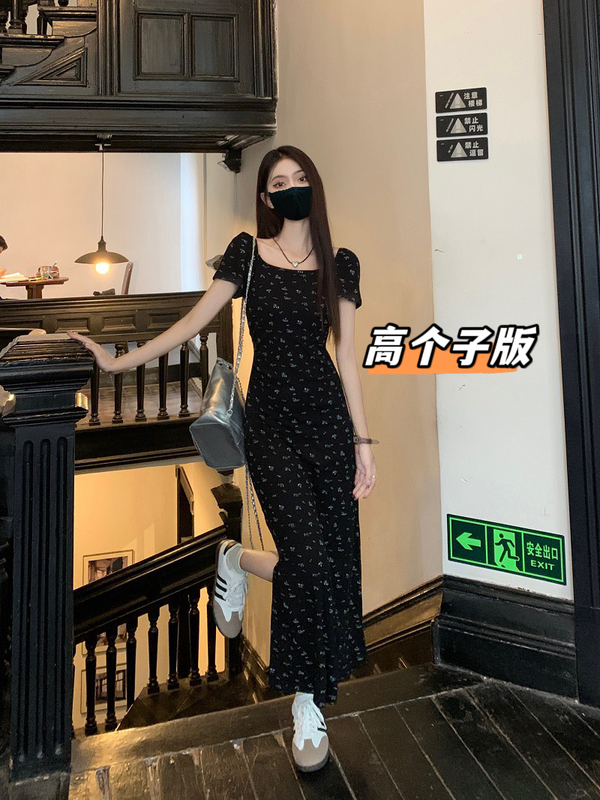 The Moon Tall Version Square Neck Black Floral Pure Desire Hot Girl Long Dress Women's Spaghetti Strap Slim Dress