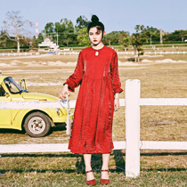 Zopiclone Independent Self-made] Round neck and buckle high waist lantern sleeve dress two-color loose dress