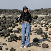 Zopiclone original design] Enzyme washed plus velvet thickened warm loose straight jeans women Autumn