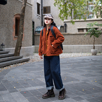 Zopiclone original design] vintage orange corduroy coat Lamb hair liner detachable two pieces