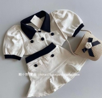 2022 summer Korean girls Korean version of the temperament small fragrance style knitted cotton lapel short-sleeved shirt skirt suit