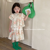 Bao Xiaoyu 2022 summer new Korean ins girls cotton ink print doll shirt skirt suit