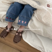 Bao Xiaoyu 2022 Summer Korean Amberr Girls Retro Sweet Strawberry Cherry Fruit Embroidered Jeans