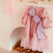 2021 Spring New Girls Korean Lantern Long Sleeve Mesh Lantern Bow Dress Princess Skirt