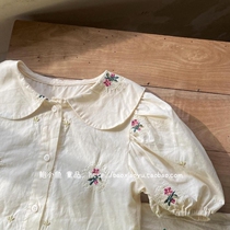2022 summer new Korean girls Korean lapel bubble short-sleeved embroidered cotton doll shirt top