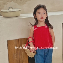 Bao Xiaoyu 2022 summer new Korean ins girls retro literary simple contrast color cotton and linen vest camisole