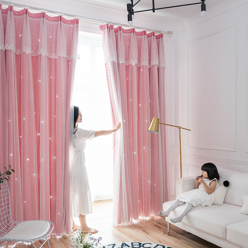 Princess wind bedroom ins Wind shade pink curtain children's room girl room double girly gauze lace