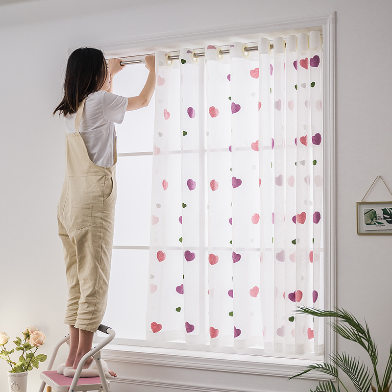 Curtains Free hole installation telescopic rod Bay window shading screen curtain Balcony bedroom sand translucent impermeable short semi-curtain