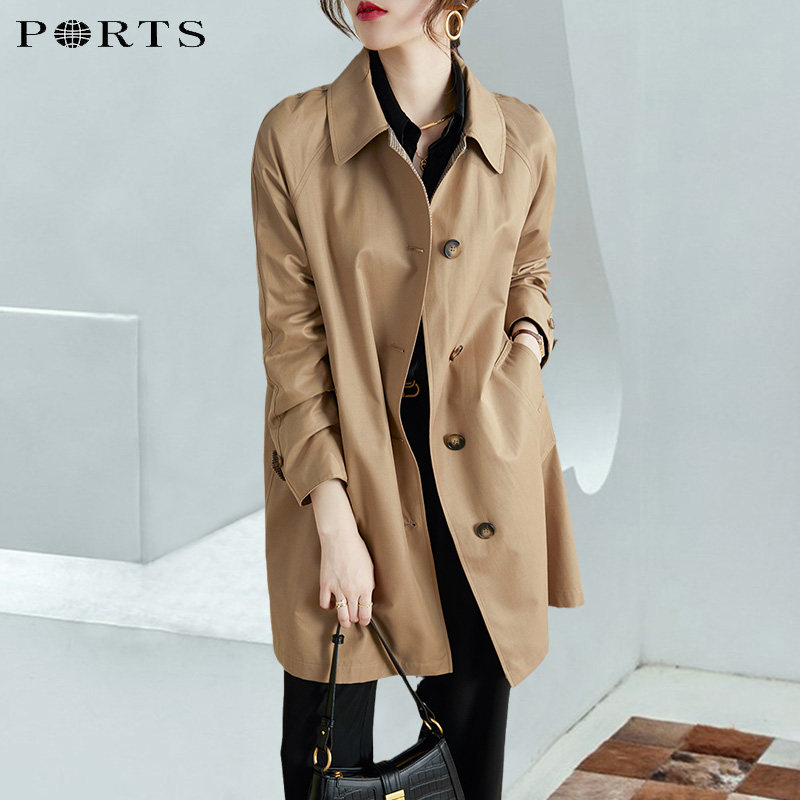 Baozi women's khaki trench coat mid-length version 2021 early autumn plaid color matching wild British style coat