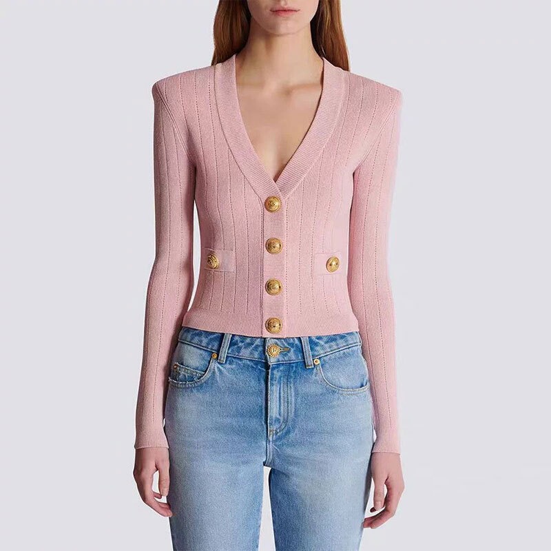 Balmanjina Spring and Autumn New Style Chanel-Inspired Gold Button Slim Fit Shoulder Pad Jacket V-Neck Knitted Cardigan Top