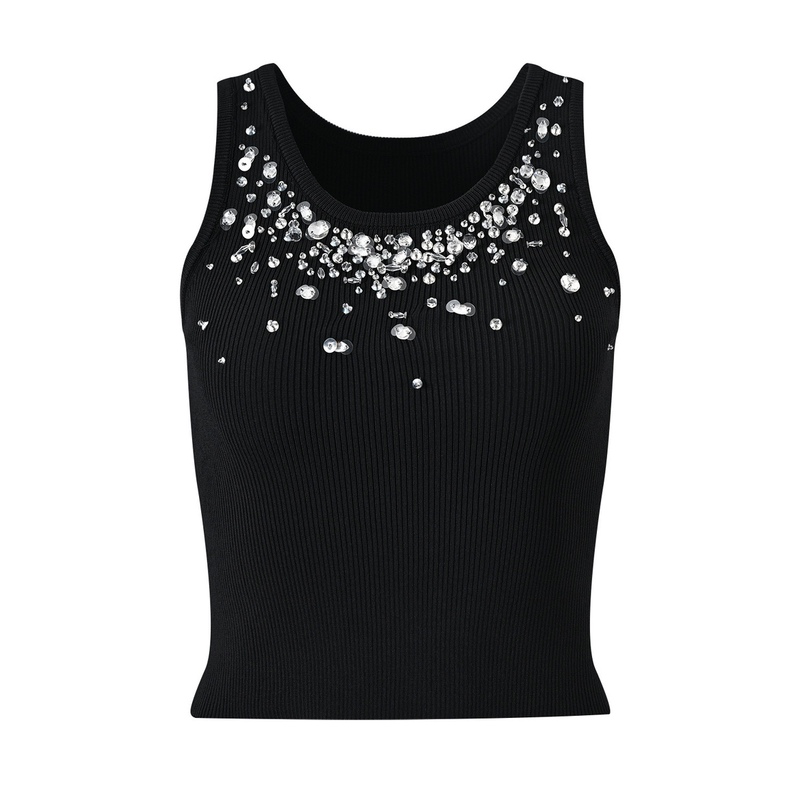 Balmanjina Knitted Camisole Spring/Summer Heavy-Duty Rhinestone-Embellished U-Neck Sleeveless Short Top for Petite Figures
