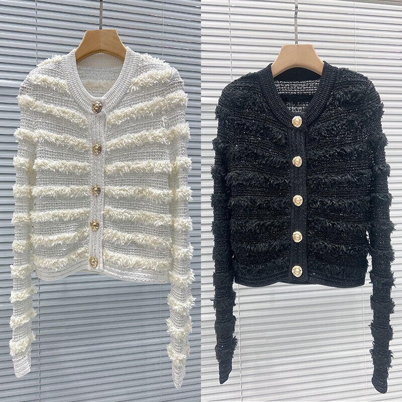 Balmain Gina 2026 Early Spring New Style Chanel-Inspired Plush Striped Top, Fashionable Versatile Short Knit Cardigan