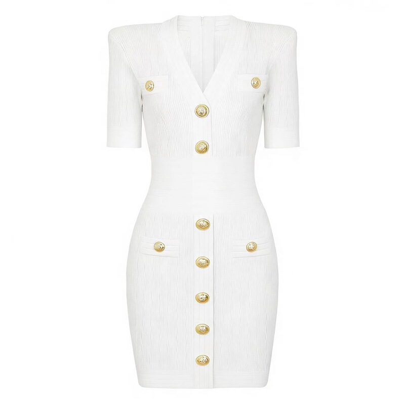 Balmain Gina Balman Summer Tweed-Style Knitted V-Neck High-Waisted Bodycon Dress for Petite Figures, Slimming Effect