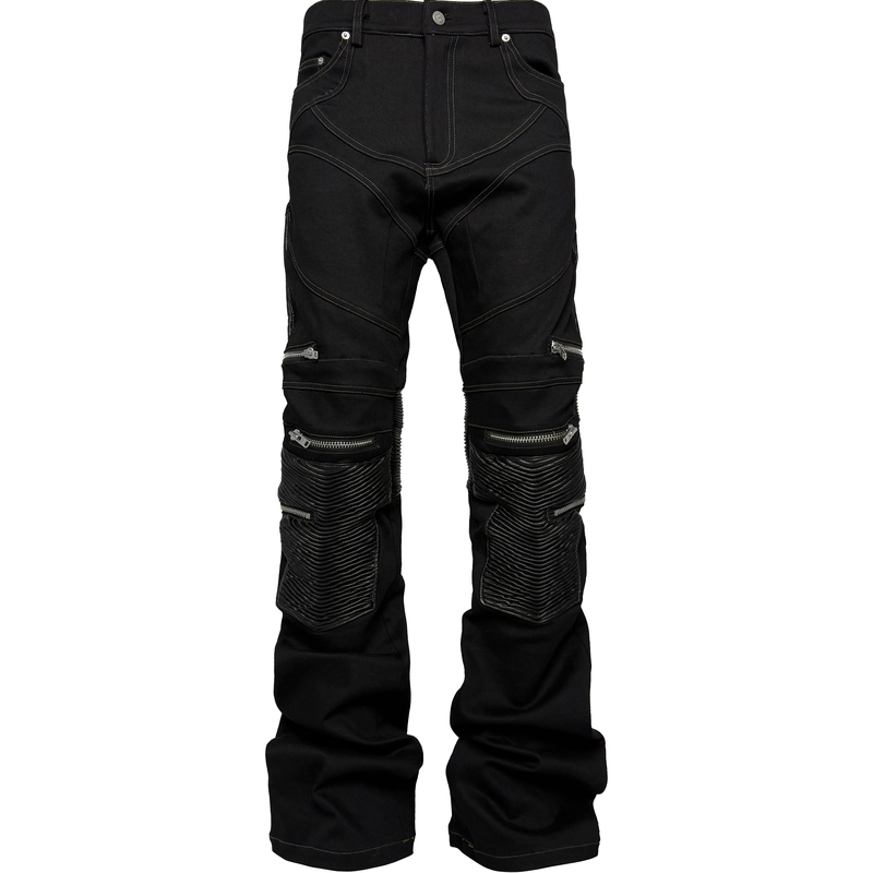 [Pccvision] 3Man0N Zipper Patchwork Leather Trim Elastic Slim Fit Flared Black Biker Pants