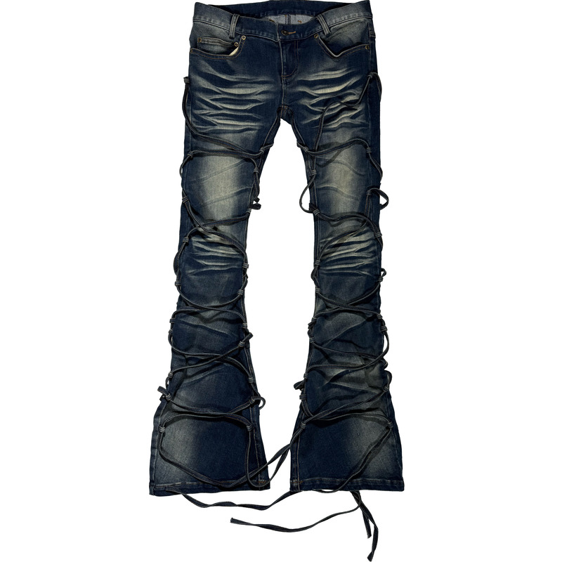 [Pccvision] 3Man0N Strappy Black and Blue Two-Tone Distressed Elastic Tight-Fitting Women's Flared Pants
