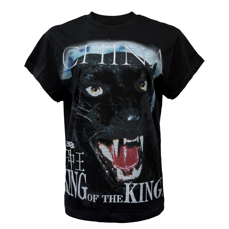 [Pccvision] 3Man0N King of Kings Black Panther Print Crew Neck Black Loose Short Sleeve T-Shirt