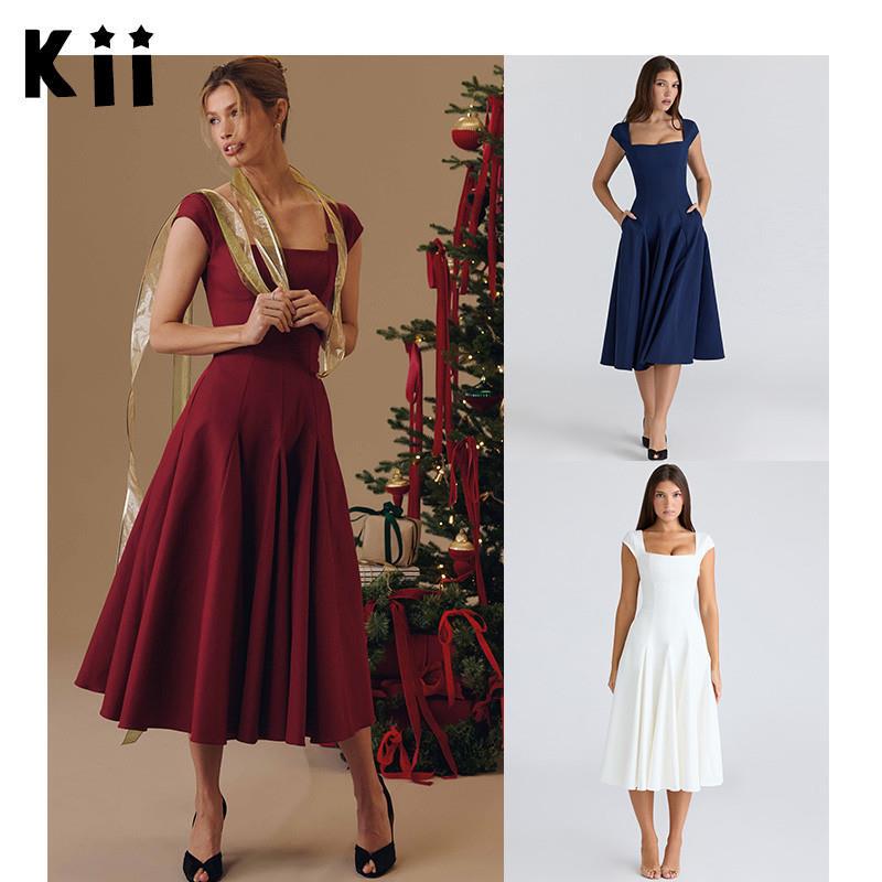 Kii American House of Cb High-End Elegant White Square-Neck Twill Mid-Length Dress Raisa