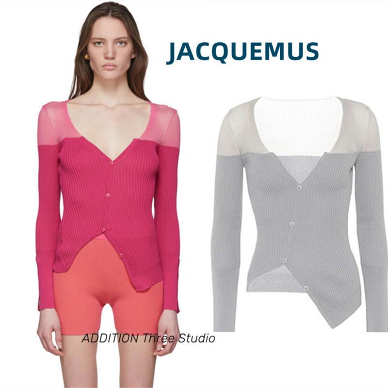 In Stock Jacquemus Spring/Summer New Transparent Mesh Asymmetrical Button Ribbed V-Neck Patchwork Slim-Fit Cardigan