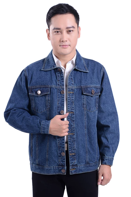 Đàn ông trung niên mùa xuân và mùa thu áo khoác mới áo khoác dày denim áo sơ mi rộng kích cỡ lỏng lẻo cha dụng cụ