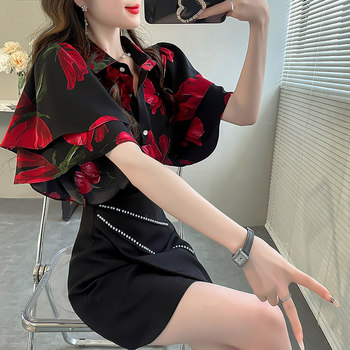 ຂະຫນາດໃຫຍ່ ruffled ແຂນສັ້ນ temperament tops ແມ່ຍິງ retro ພິມໃຫມ່ແບບຈີນ ເສື້ອເຊີດແມ່ຍິງສູງ