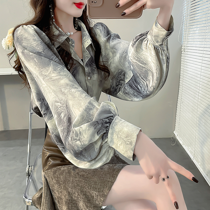 Tie-Dye Ink Print Chiffon Shirt for Women, High-End Light Luxury Retro Shirt, Loose Lantern Sleeve Spring Top, Fairy-Like