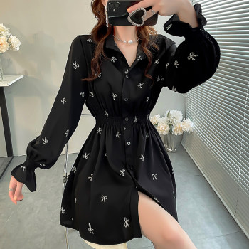 French unique exquisite small top bow printed waist shirt women's loose bell sleeve chiffon shirt autumn