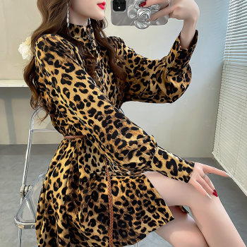 Leopard print stand-up collar fashion shirt for women 2024 new top slim braided rope tie waist long-sleeved stylish shirt small shirt autumn