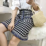 2018 mùa thu mới hoang dã houndstooth chim tua một từ váy nữ eo cao chống đan túi đeo hông