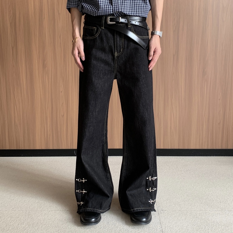 Ykee American Retro Black Straight-Leg Jeans for Men and Women with Airplane Buckle Design, Loose Fit, Raw Denim Long Pants, Trendy