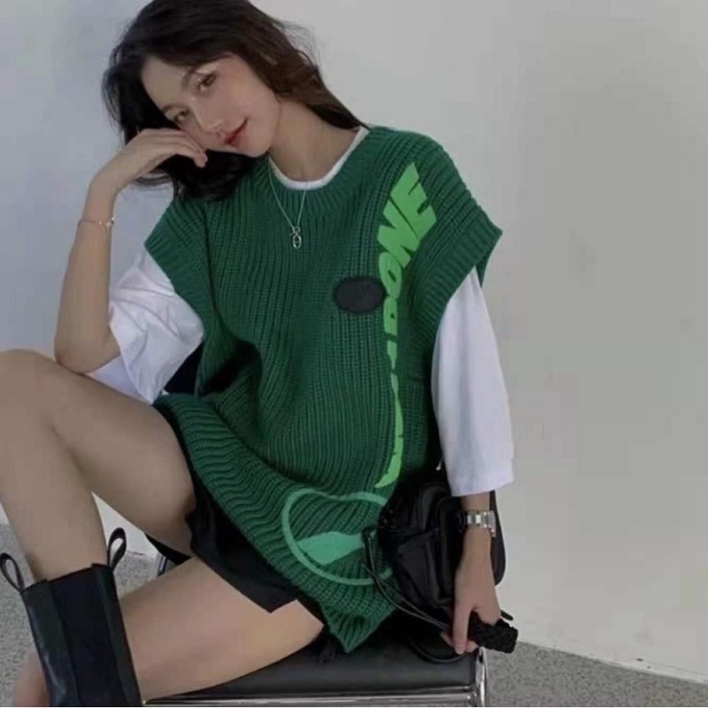 we11done welldone green alphabet print knitted vest vest wool vest new T-shirt women