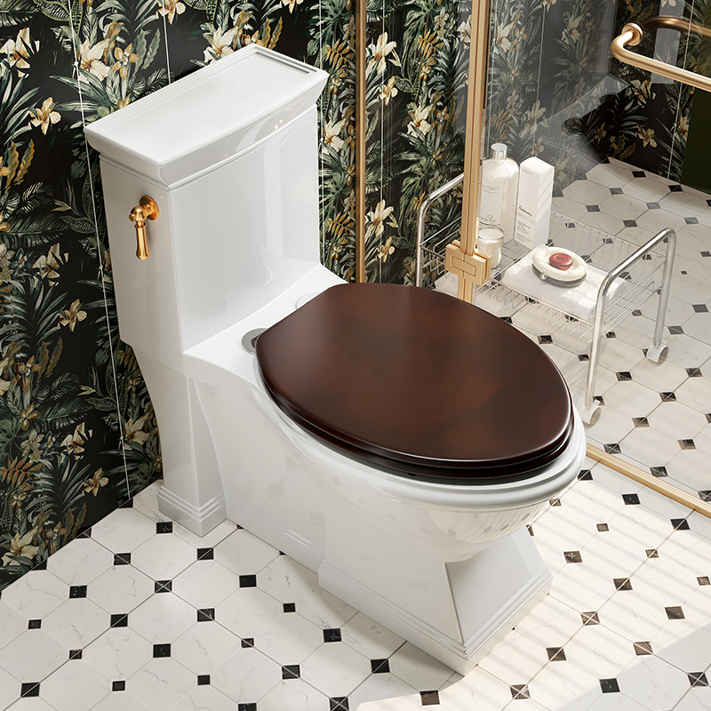 Classical French-Style Toilet, American Retro Solid Wood Lid, One-Piece Toilet, All-Copper Side-Pull Handle, Ceramic Toilet