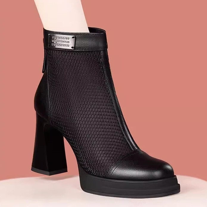 First-Layer Cowhide Waterproof Platform Cut Out Mesh Boots Sandals 2025 Spring and Summer High-Heeled Sandals Thick Heel Mesh High-Top Women's Shoes