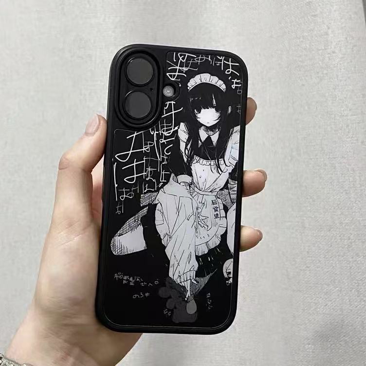 Dark Japanese Anime Lolita Maid-Themed iPhone 16 Pro Phone Case, 14 Frosted Glass, 17 Black Frame Hard Case, 15 Apple 13 Anime Yandere 12 Subculture Magnetic Double-Layer Phone Case