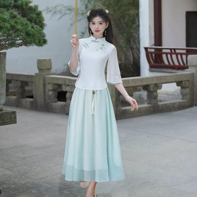 Chinese-Style Improved Cheongsam Top, Tang Suit with Button Closure, Chinese-Style Hanfu Suit Skirt, Student Tea Ceremony Instructor Exam Work Uniform