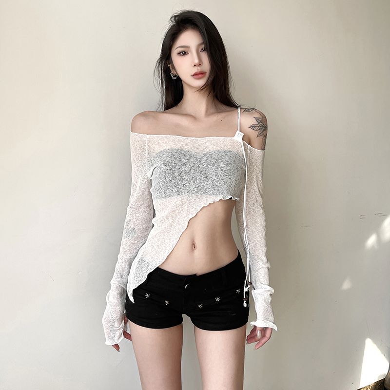 American-Style Spicy Girl Asymmetrical Versatile T-Shirt for Women with Off-Shoulder Design, Ruffled Edges, Cool and Sheer, Slimming, Pure Desire Top