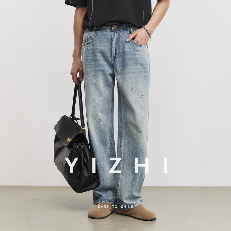 Vintage Washed Splatter-Ink Jeans for Men, Summer Loose Straight Wide-Leg Pants, American Retro Gradient Long Pants