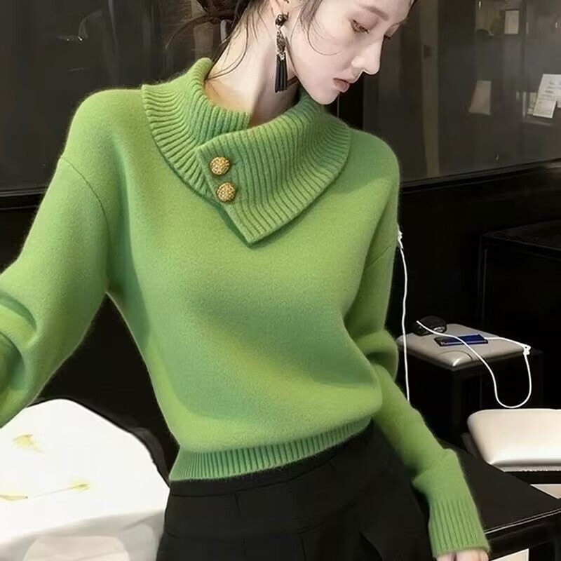 French-Style High-End Avocado Green Turtleneck Sweater for Women, Thickened for Winter, Warm Inner Knit Top, Niche Design French-Style High-End Avocado Green Turtleneck Sweater for Women, Thickened for Winter, Warm Inner Knit Top, Niche Design