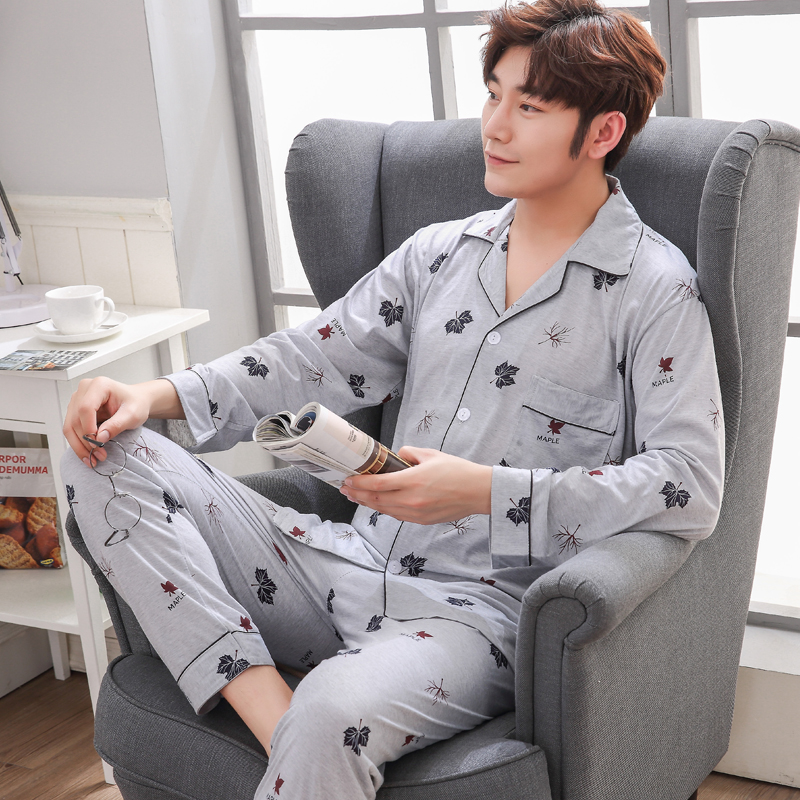 Bộ đồ ngủ mens dài tay áo bông cotton vào mùa xuân và mùa thu mùa đông mens đồ ngủ mùa hè mỏng bông xanh trung niên set cha nhà quần áo.