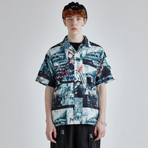 Simple Rimless country tide retro full printed Hawaiian shirt street loose short sleeve shirt male summer