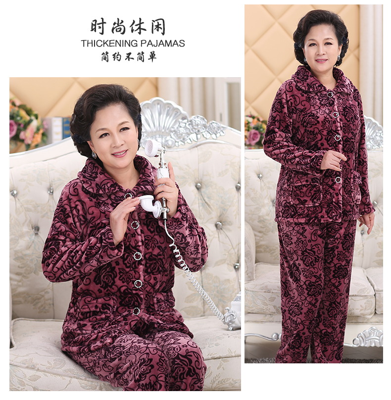 Đồ ngủ nhung san hô cho phụ nữ trung và già mùa thu đông flannel mẹ cỡ lớn tay dài ấm áp phù hợp với mùa xuân và mùa thu mẫu dịch vụ nhà - Bộ Pajama thời trang trung niên u50
